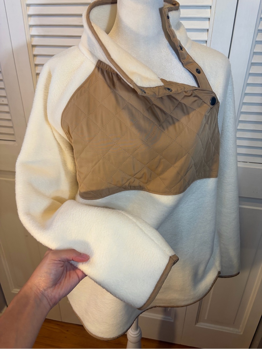 J. Crew Cream Fleece Pullover with Camel Quilted Chest